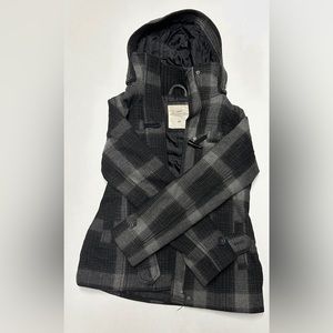 H&M short warm grey black squared coat with hood